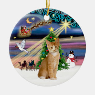 Julafton Magic - Orange - vit tabby katt 40 Julgransprydnad Keramik