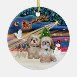 Julafton Magic - Shih Tzu (TVÅ - P+Y) Julgransprydnad Keramik
