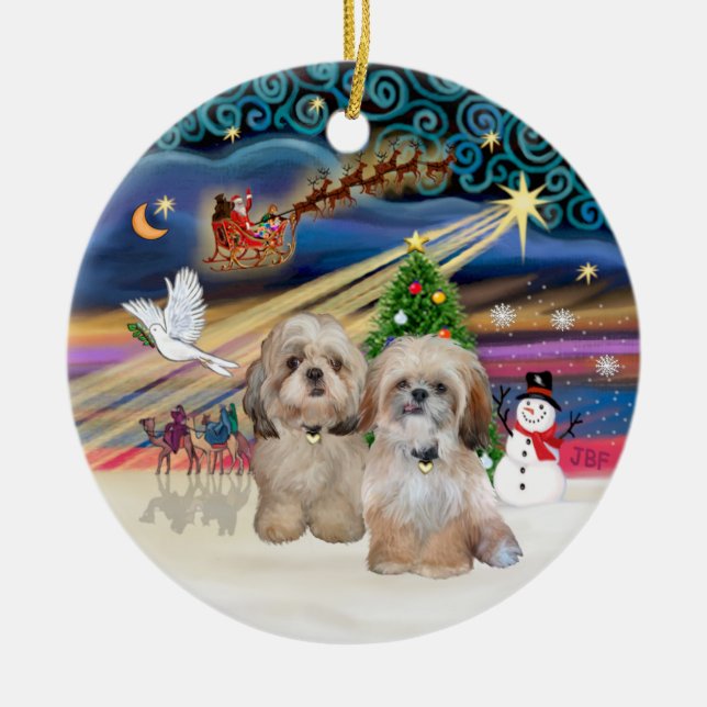 Julafton Magic - Shih Tzu (TVÅ - P+Y) Julgransprydnad Keramik (Framsidan)