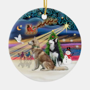 Julafton Magic - Siberian Huskys (Red + BW) Julgransprydnad Keramik