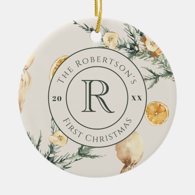 Julafton: Monogrammed Newlyed Julgransprydnad Keramik (Framsidan)