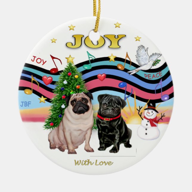 Julafton Music 1 - två Pugs Julgransprydnad Keramik (Framsidan)