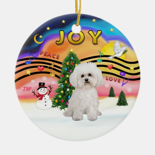 Julafton Music 2 - Bichon Frise 2 Julgransprydnad Keramik (Framsidan)