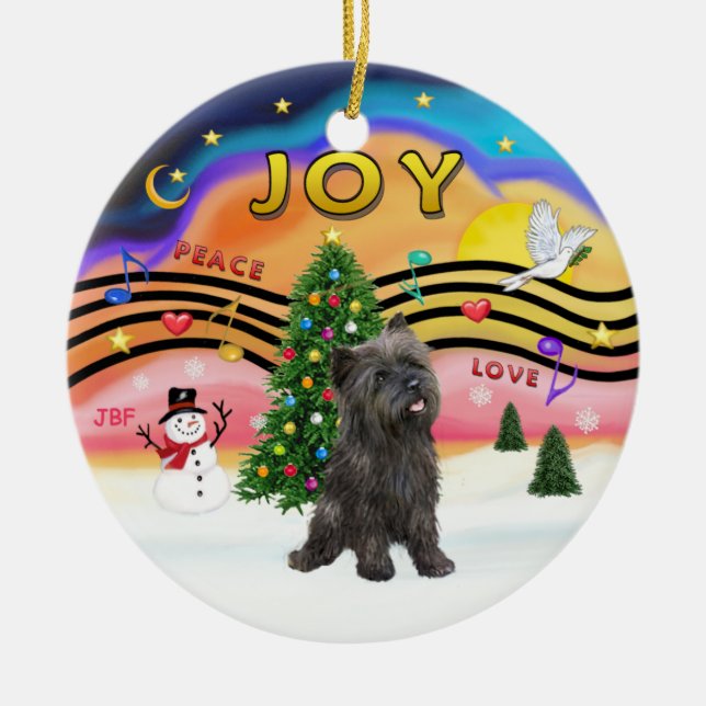 Julafton Music 2 - Kairn Terrier (brindle 21) Julgransprydnad Keramik (Framsidan)