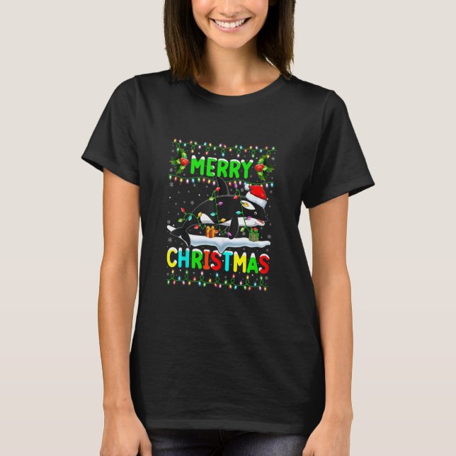 Julafton Orca Fish Lighting Santa Hat God jul T Shirt (Framsida)