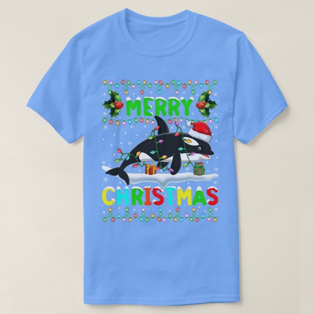 Julafton Orca Fish Lighting Santa Hat God jul T Shirt (Design framsida)