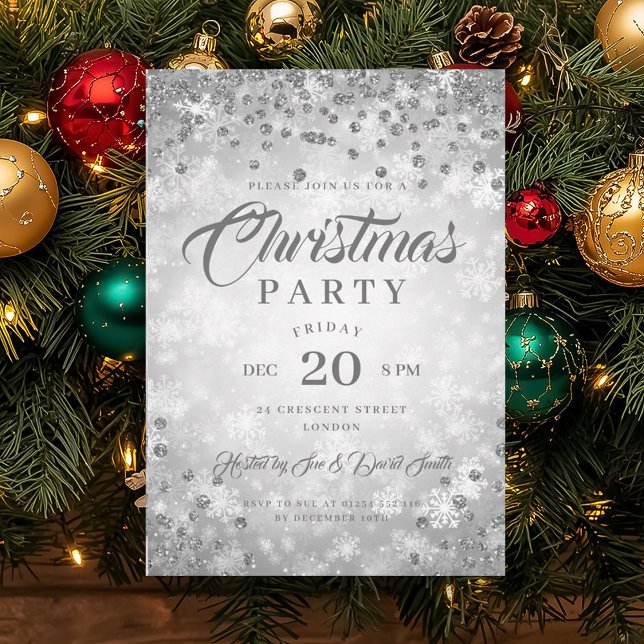 Julafton Party Silver Winter Diamonds Glitter Inbjudningar (Xmas Dinner Party Silver Winter Diamonds Glitter Invitation)
