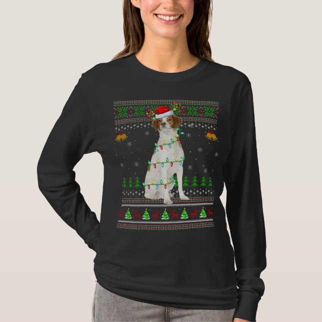 Julafton Reindeer Santa Hat Brittany Spain Hund Ug T Shirt (Framsida)