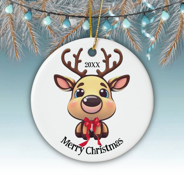 Julafton renar, hjort med kantler, tecknad grafik julgransprydnad keramik (Customizable Baby ReinDeer Funny Fawn Doe Xmas Merry Christmas White Round Deer Ceramic Ornament🦌🎄)