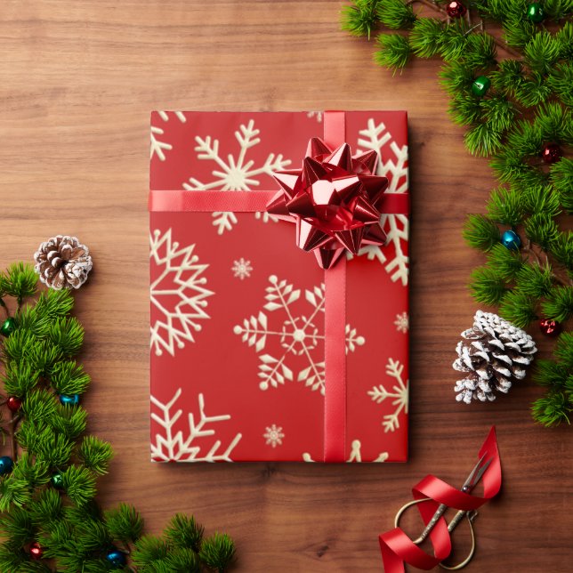 Julafton, röd och Guld Snöflingor, Papper Presentpapper (Julgåva)