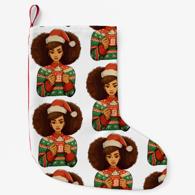 Julafton Santa Black Afro Girl Santa Hat African Liten Julstrumpa (Framsidan)