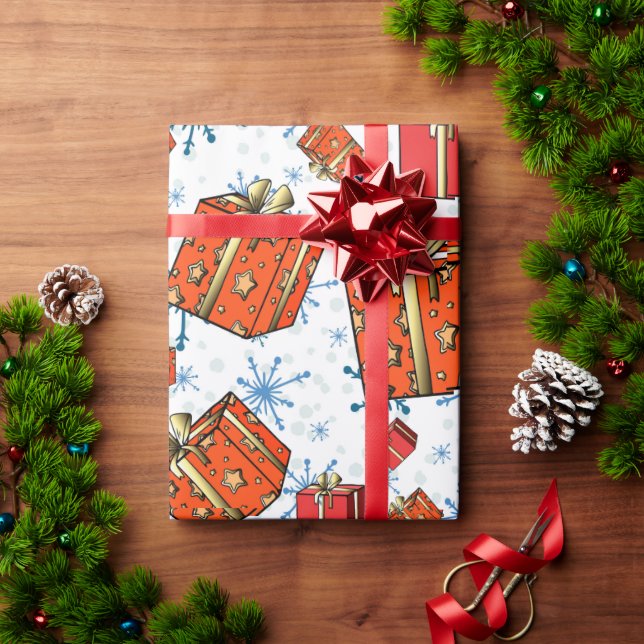 Julafton Scandi Snöflingor Red Paket Wrapping Papp Presentpapper (Julgåva)