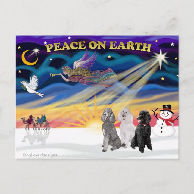 Julafton Soluppgång - tre Standard Pudel Helg Vykort (Framsida)