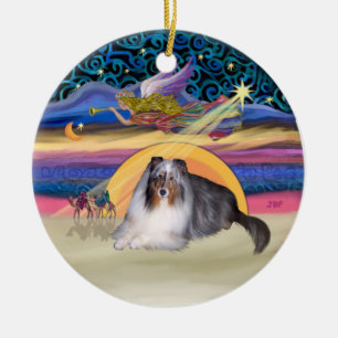 Julafton Star - Blue Merle Sheltie Julgransprydnad Keramik