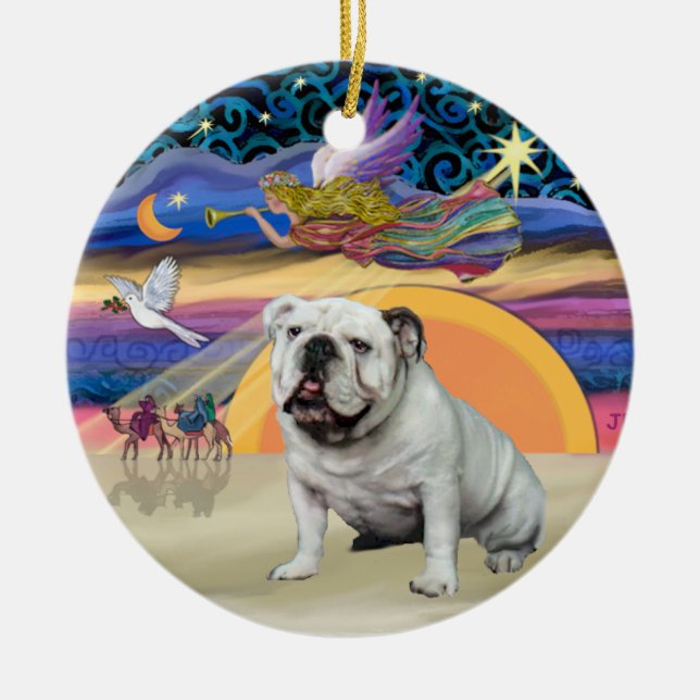 Julafton Star - White English Bulldog Julgransprydnad Keramik (Framsidan)