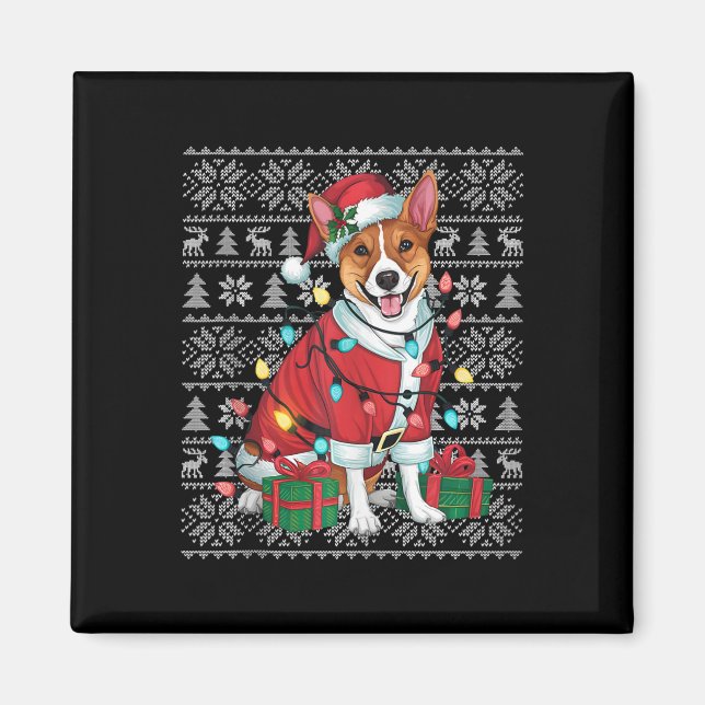Julafton Sweater Stil Ugly Santa Basenji Hund Chri Magnet (Framsidan)