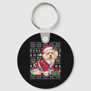 Julafton Sweater Stil Ugly Santa Bichon Frise Hund Nyckelring