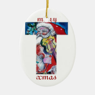 JULAFTON T BREV /JULTOMTEN MED VIOLIN MONOGRAM JULGRANSPRYDNAD KERAMIK