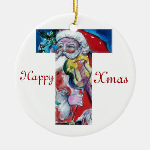 JULAFTON T BREV /JULTOMTEN MED VIOLIN MONOGRAM JULGRANSPRYDNAD KERAMIK