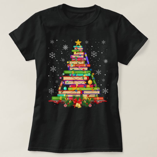 Julafton Träd Bibliotek-julen Ljus Träd Bok Älskar T Shirt (Design framsida)