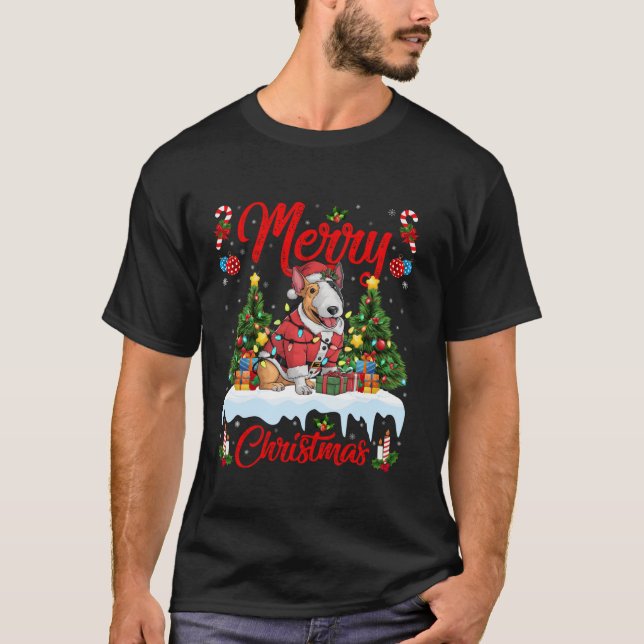 Julafton Träd Lighting Santa Bull Terrier Hund Chr T Shirt (Framsida)