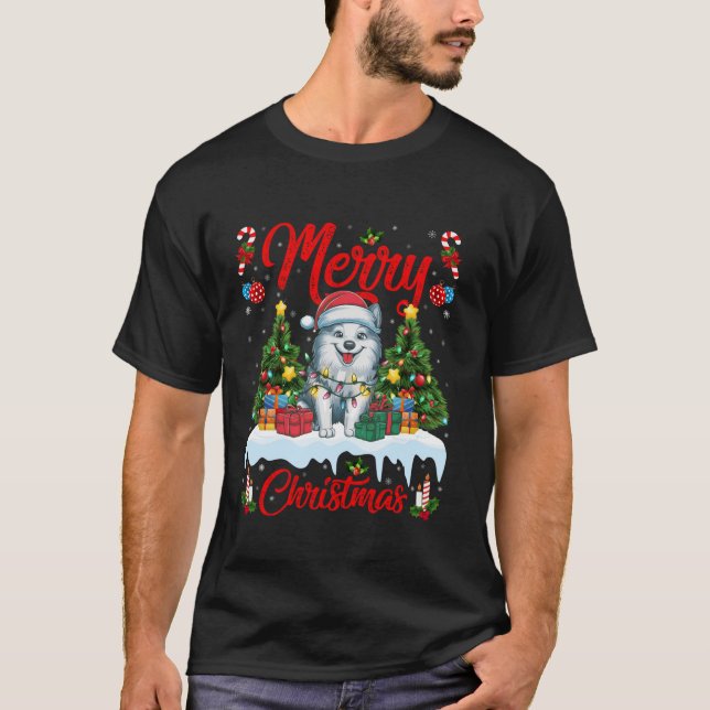 Julafton Träd Lighting Santa Hat American Eskimo H T Shirt (Framsida)