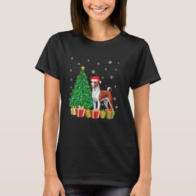 Julafton Träd Lighting Santa Hat Basenji Hund jul T Shirt (Framsida)