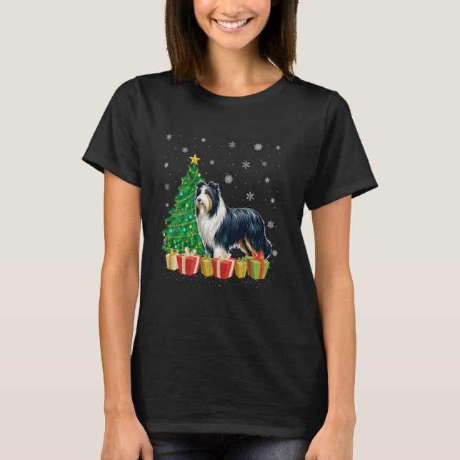 Julafton Träd Lighting Santa Hat Bearded Collie Hu T Shirt (Framsida)