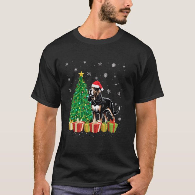 Julafton Träd Lighting Santa Hat Bloodhound Hund K T Shirt (Framsida)