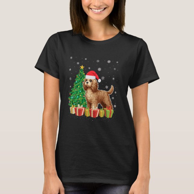 Julafton Träd Lighting Santa Hat Cockapoo Hund Chr T Shirt (Framsida)