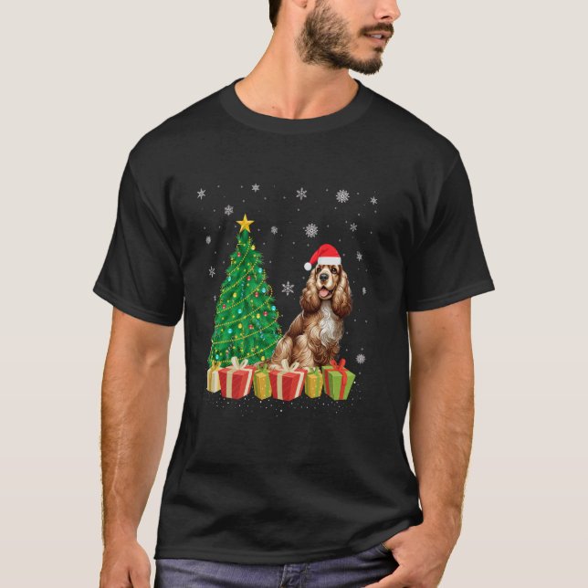 Julafton Träd Lighting Santa Hat Cocker Spain Hund T Shirt (Framsida)