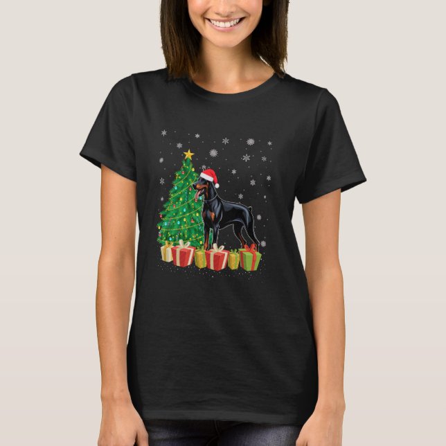Julafton Träd Lighting Santa Hat Dobermann Hund Ch T Shirt (Framsida)