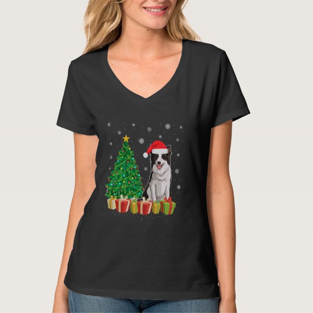 Julafton Träd Lighting Santa Hat Gräns Collie Hund T Shirt (Framsida)
