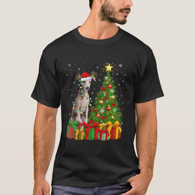 Julafton Träd Lighting Santa Hat Italienska Greyho T Shirt (Framsida)