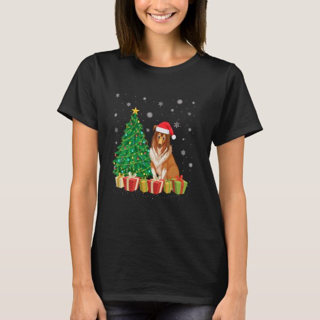 Julafton Träd Lighting Santa Hat Rough Collie Hund T Shirt (Framsida)