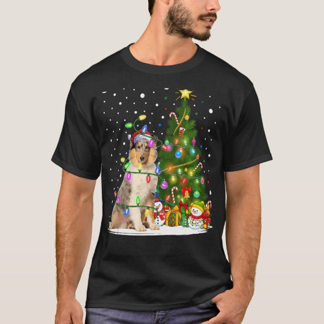 Julafton Träd Lighting Santa Rough Collie Hund Chr T Shirt (Framsida)