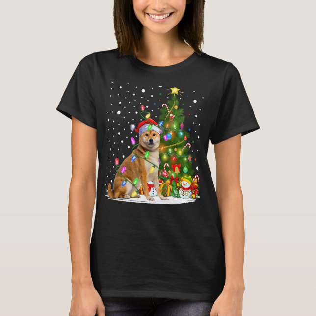 Julafton Träd Lighting Santa Shiba Inu Hund jul T Shirt (Framsida)