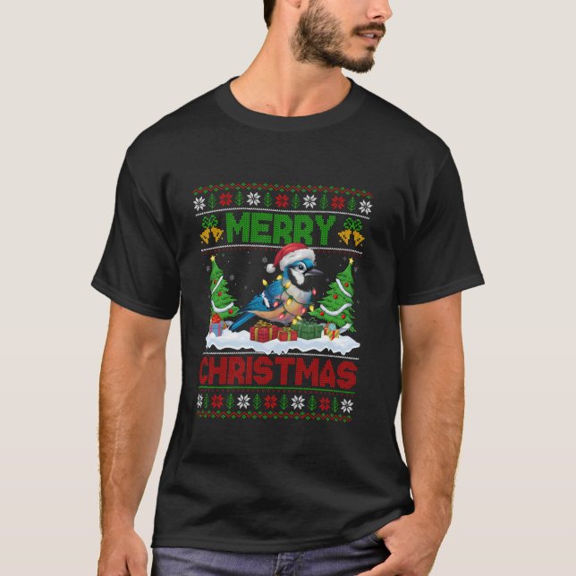 Julafton Träd Lighting Ugly Santa Hat Blue Jay Bir T Shirt (Framsida)