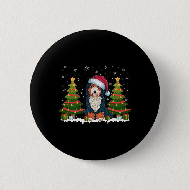 Julafton Träd Ljus Bernedoodle Hund Santa Hat Chri Knapp (Framsida)