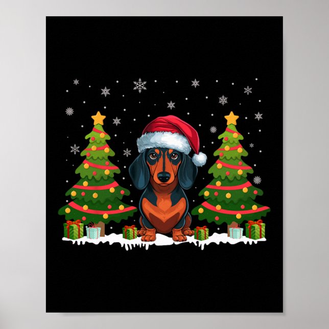 Julafton Träd Ljus Dachshund Hund Santa Hat jul Poster (Framsidan)