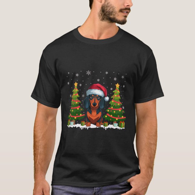 Julafton Träd Ljus Dachshund Hund Santa Hat jul T Shirt (Framsida)