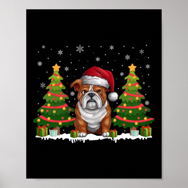 Julafton Träd Ljus Engelsk bulldog Santa Hat Chris Poster (Framsidan)