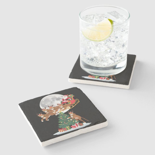 Julafton Träd Ljus Funny Santa Riding Cheetah Stenunderlägg (Sidan)