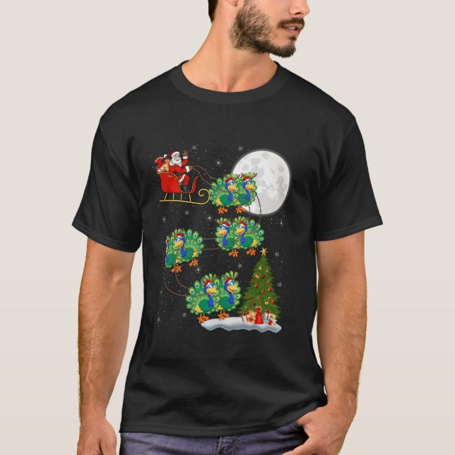 Julafton Träd Ljus Funny Santa Riding Peacock Bird T Shirt (Framsida)