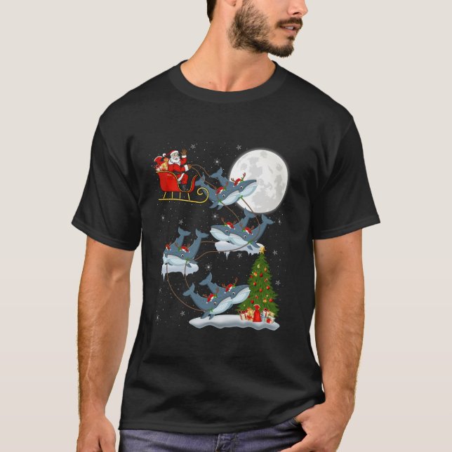 Julafton Träd Ljus Funny Santa Riding Whale Christ T Shirt (Framsida)