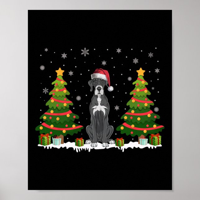 Julafton Träd Ljus Great dane Hund Santa Hat Chris Poster (Framsidan)