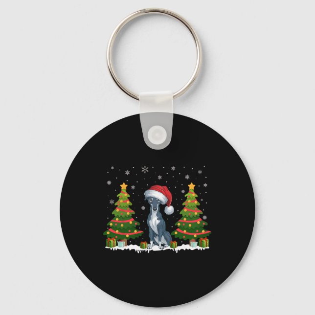 Julafton Träd Ljus Greyhound Hund Santa Hat jul Nyckelring (Framsida)