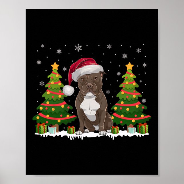 Julafton Träd Ljus Pitbull Hund Santa Hat jul S Poster (Framsidan)