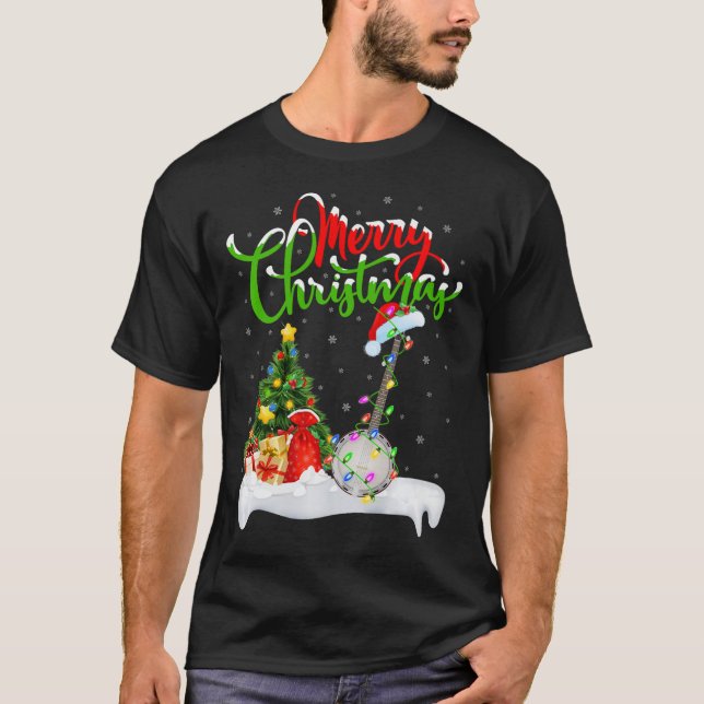 Julafton Träd Ljus Santa Hat Musical Banjo jul T Shirt (Framsida)