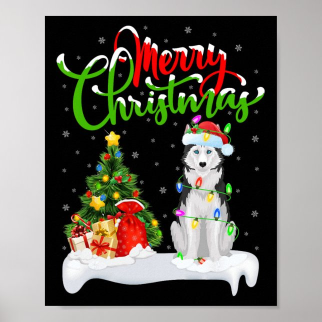 Julafton Träd Ljus Santa Hat Siberian husky Hund C Poster (Framsidan)
